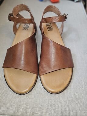 Miz Mooz Cognac Leather Cross-Strap Ankle Sandals